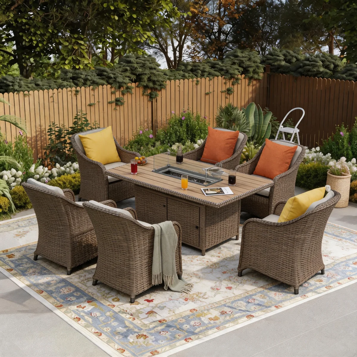 6 Seater Rattan Fire Pit Garden Furniture - Nature / 1 Rectangular Fire Pit Table 6 Armchair – image 3