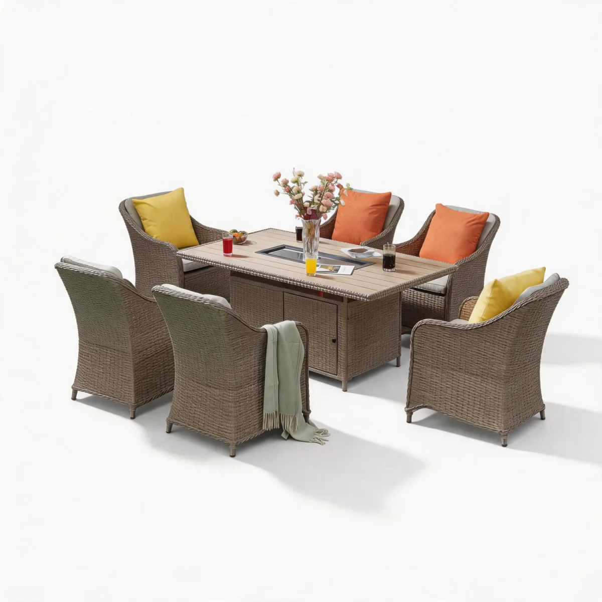 6 Seater Rattan Fire Pit Garden Furniture - Nature / 1 Rectangular Fire Pit Table 6 Armchair – image 7