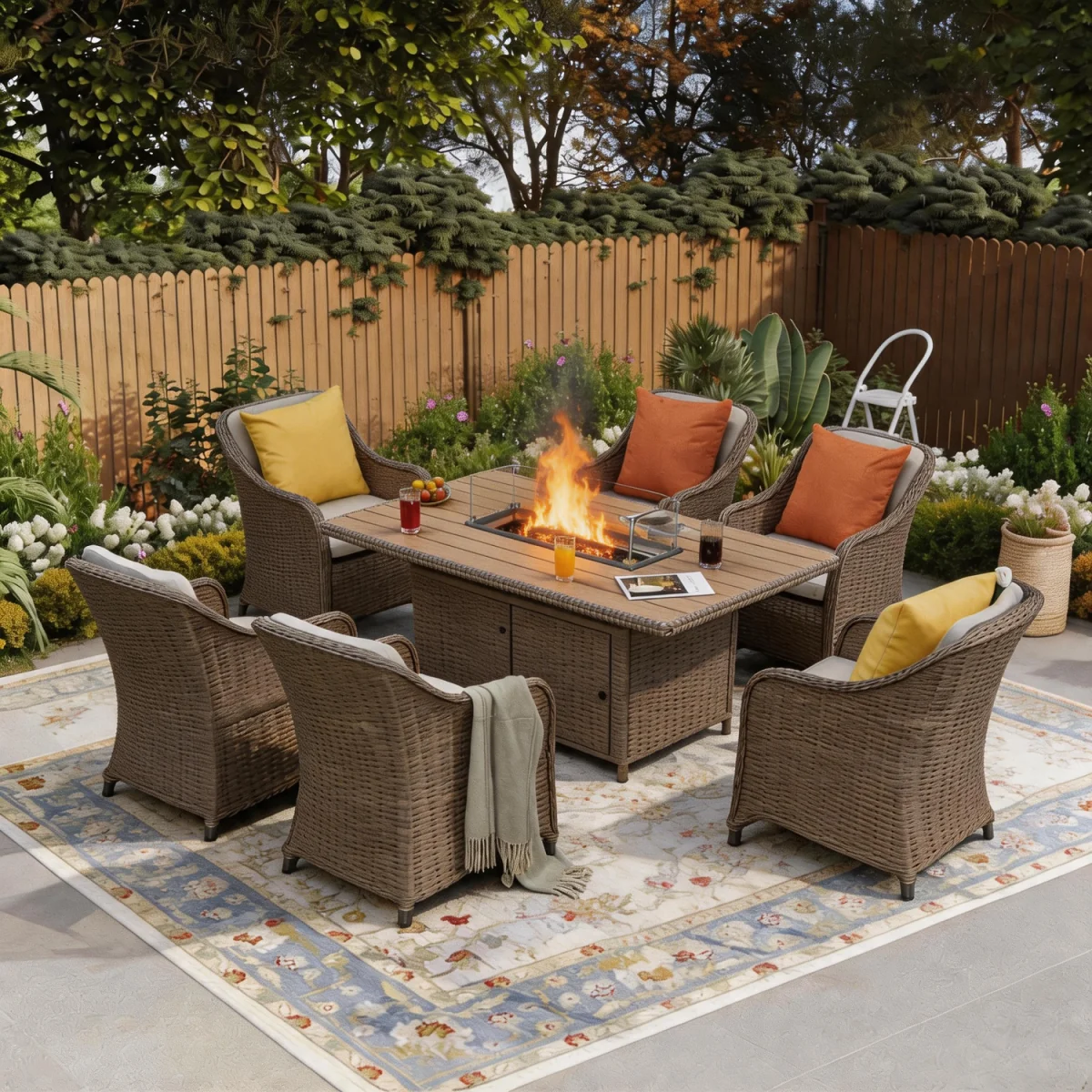 6 Seater Rattan Fire Pit Garden Furniture - Nature / 1 Rectangular Fire Pit Table 6 Armchair – image 1