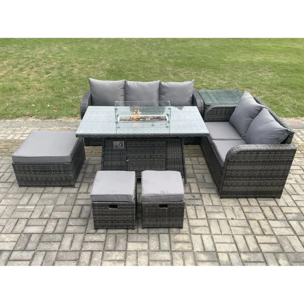 Fimous Garden Patio Rattan Fire Pit Dining Set, 7-Piece Dark Grey Mixed. - Dark Grey – image 2