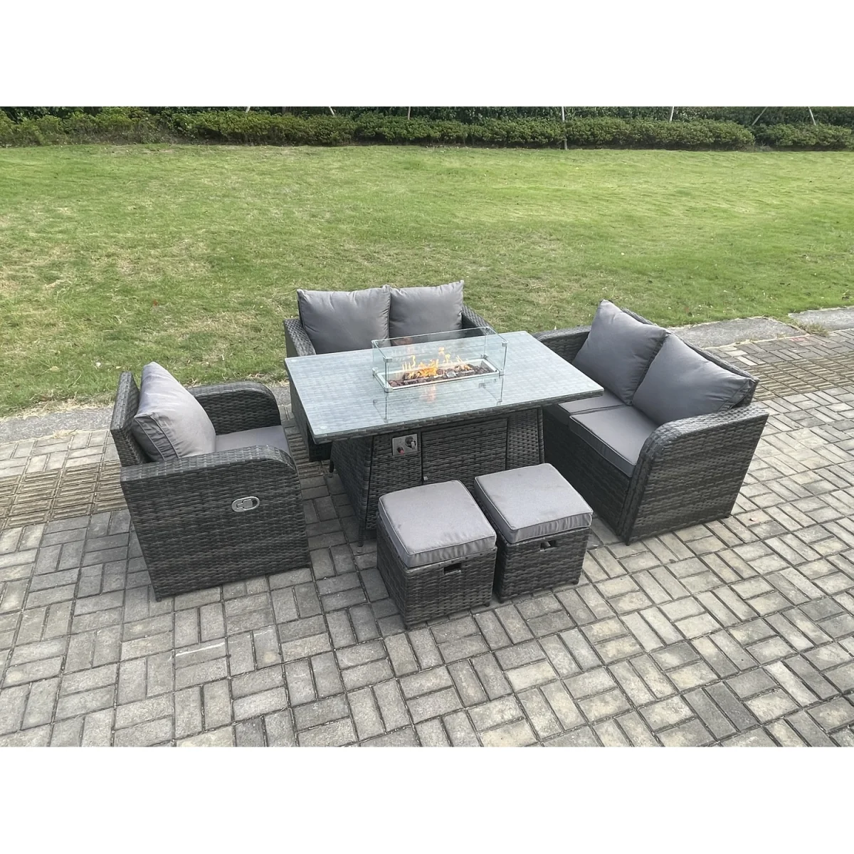 Fimous 6-Piece Rattan Garden Furniture Set with Gas Fire Pit Dining Table and Reclining Chair. - Dark Grey – image 2