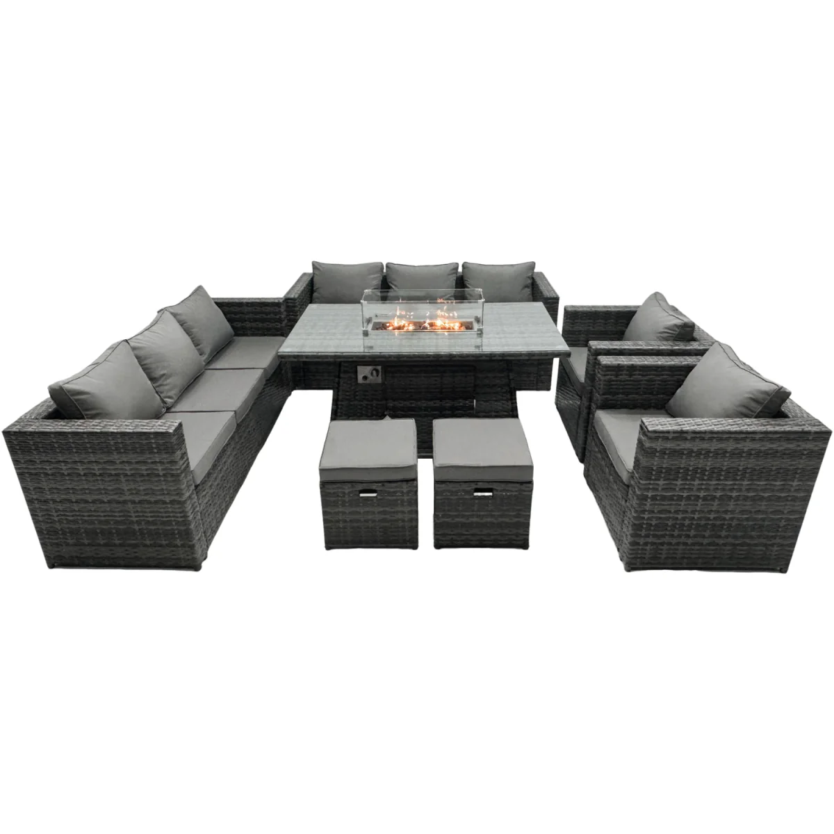 Fimous 10-Seater Rattan Gas Fire Pit Dining Set with Stools - Dark Grey Mixed – image 2