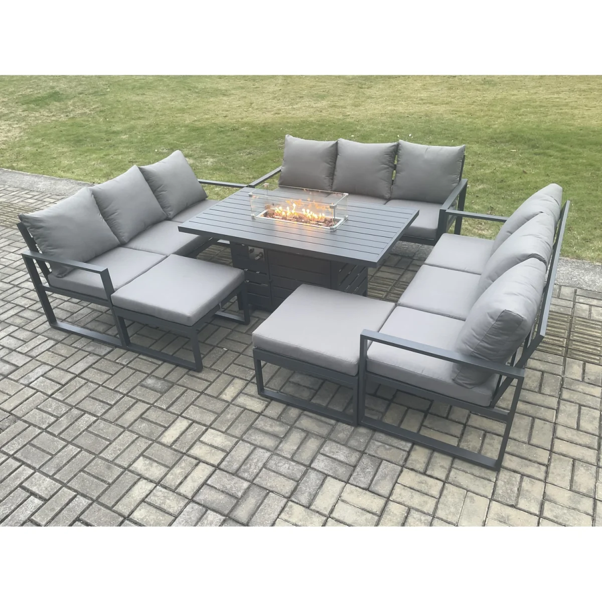 Fimous Aluminium 11-Seater Garden Furniture Set with Gas Fire Pit Table and 2 Footstools, Dark Grey. - Dark Grey – image 2