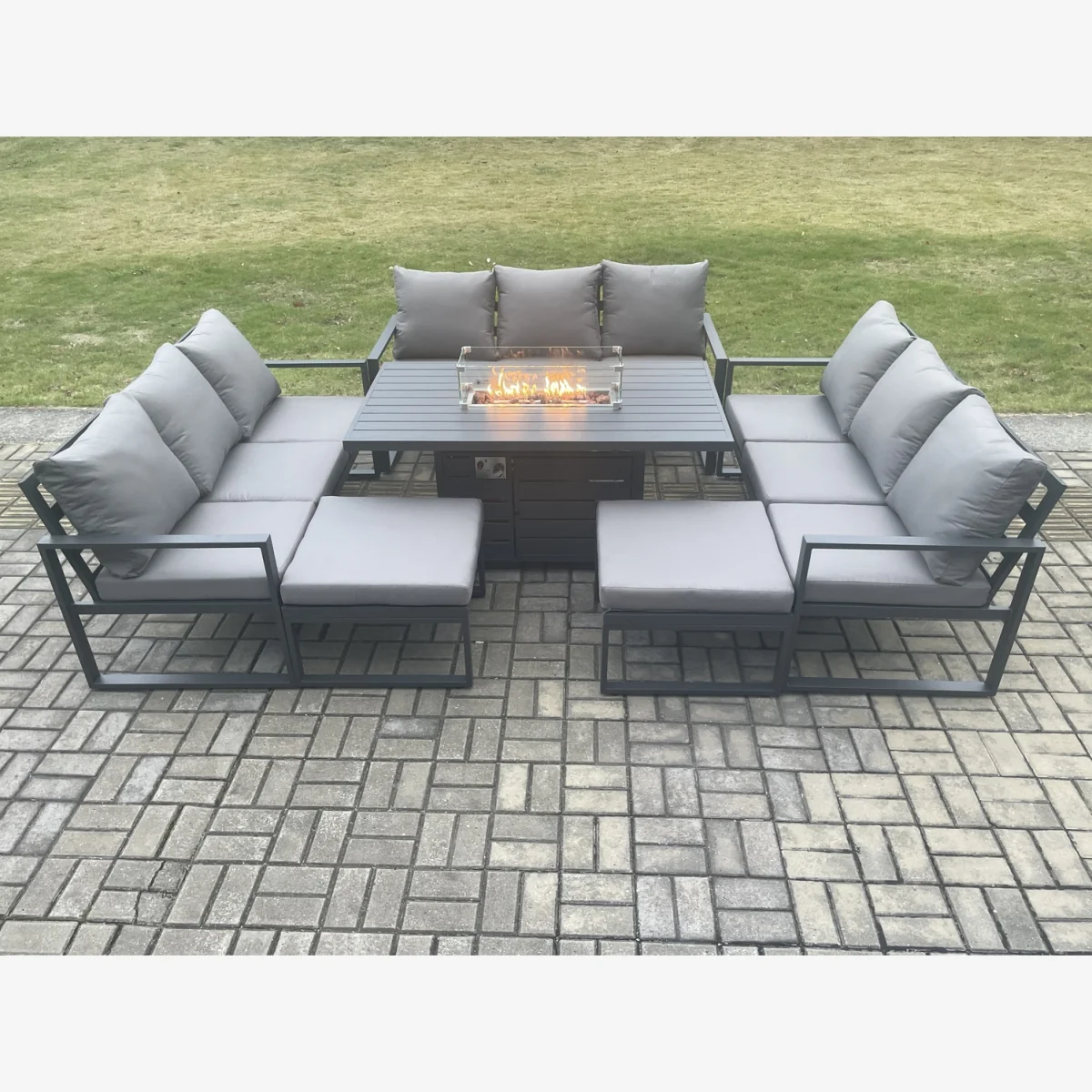 Fimous Aluminium 11-Seater Garden Furniture Set with Gas Fire Pit Table and 2 Footstools, Dark Grey. - Dark Grey – image 1