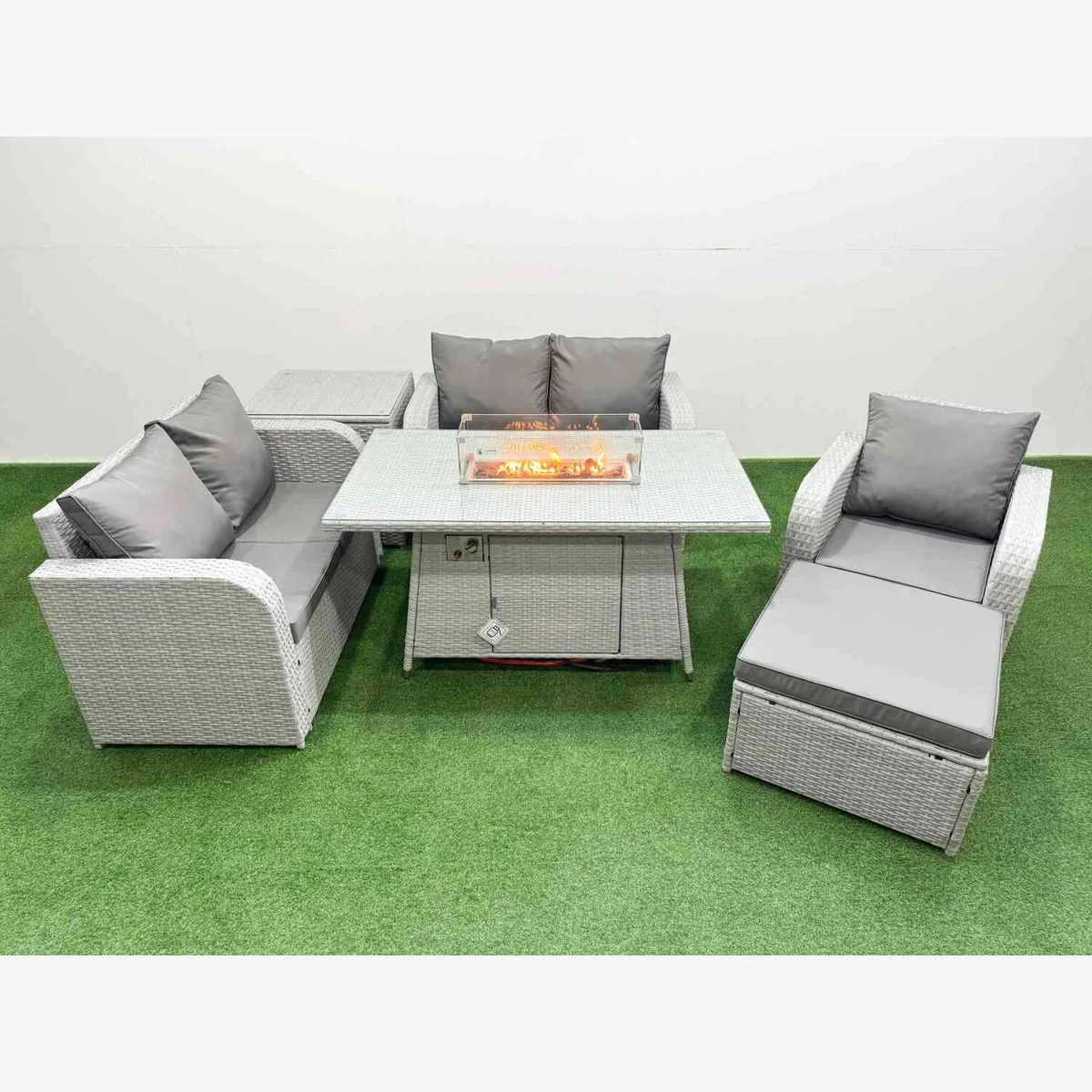 Fimous High-Back Poly Rattan Outdoor Furniture Set with Reclining Chairs & Firepit Table Light Grey - Light Grey – image 1