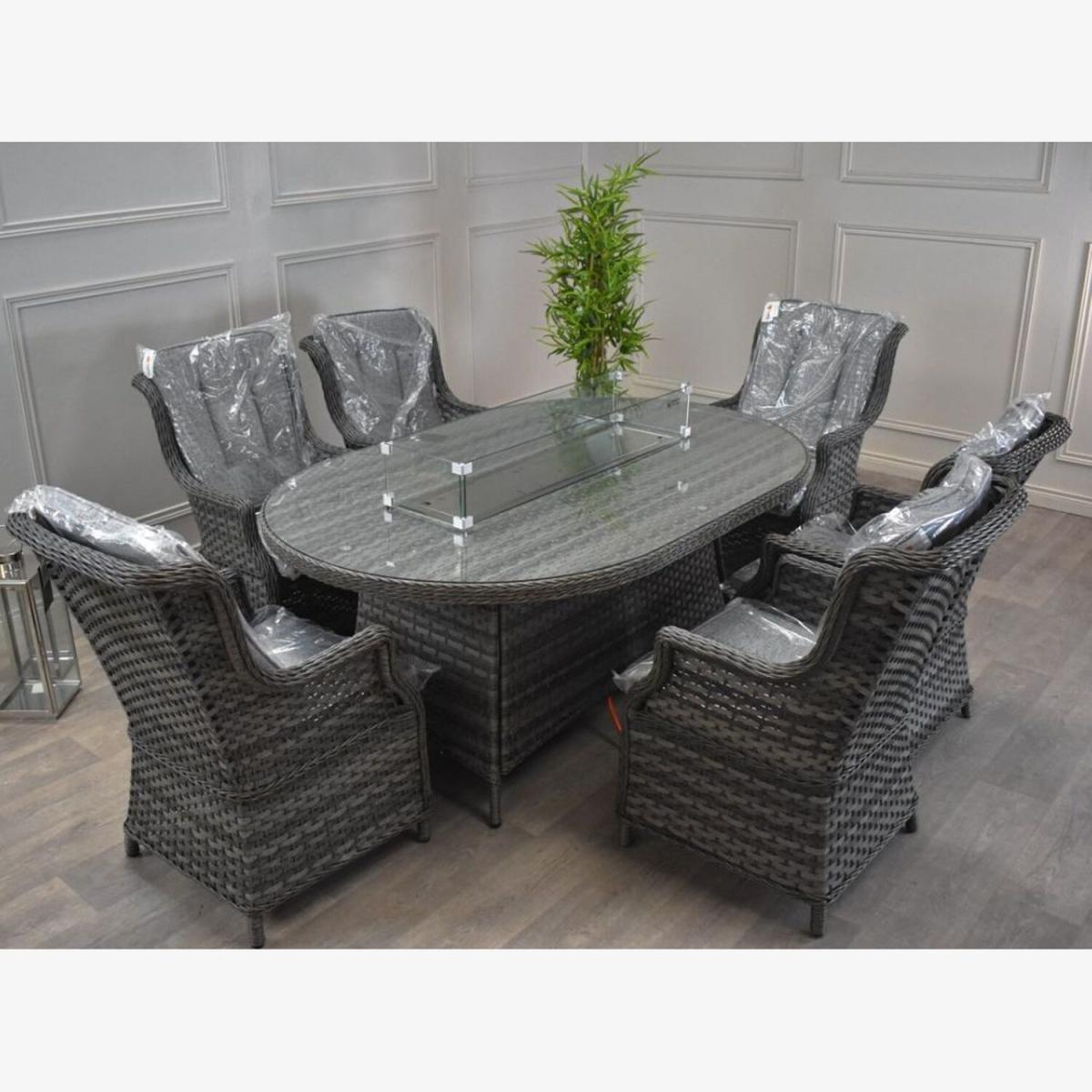 Rattan Garden Set Oval Gas Firepit - Grey