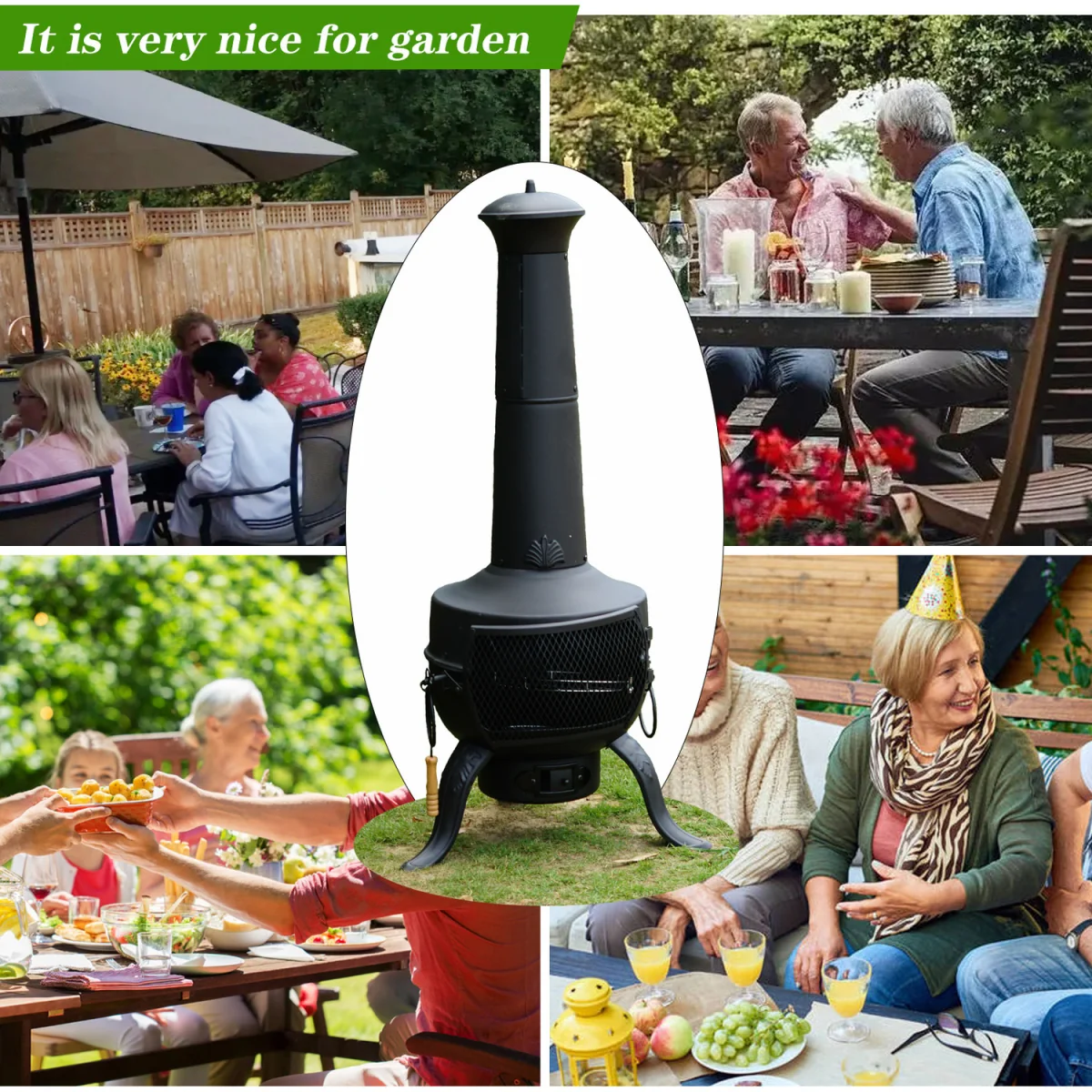 Large Garden Patio Chiminea Wood Log Burner Fire Pit BBQ Heater - Black – image 2