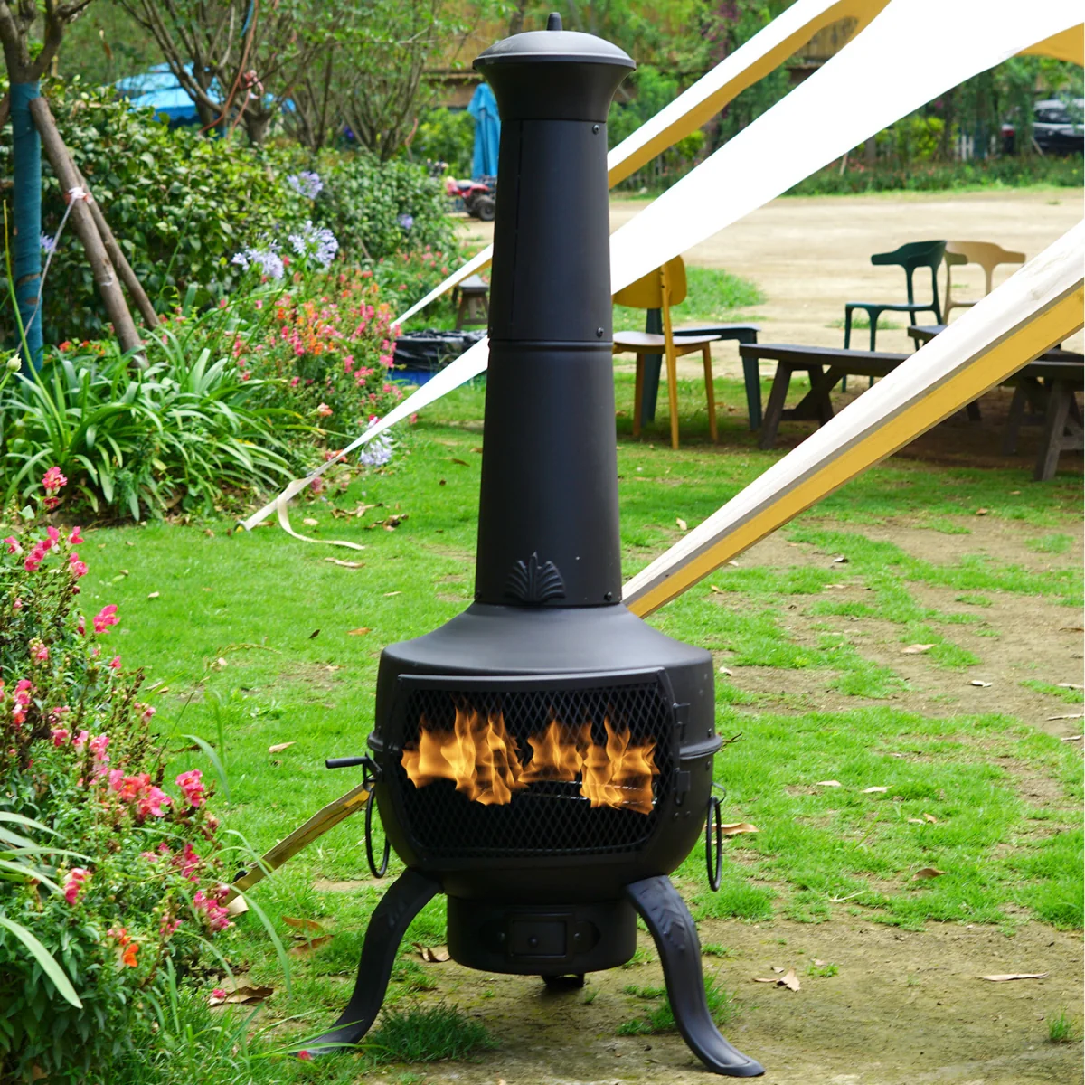 Large Garden Patio Chiminea Wood Log Burner Fire Pit BBQ Heater - Black – image 4