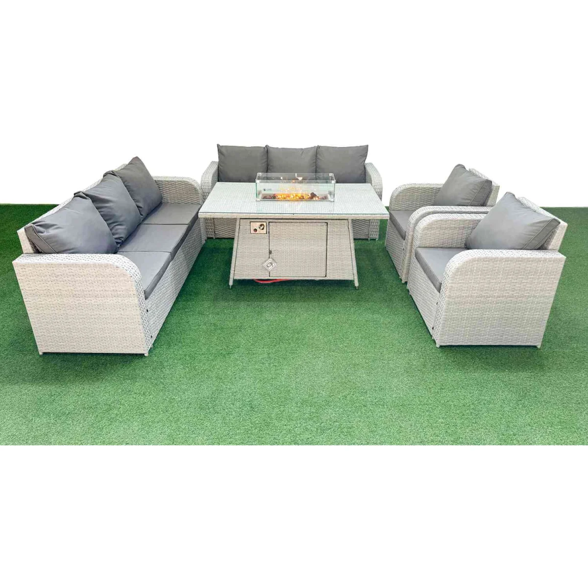 Fimous PE Rattan High Back Lounge Set, 8-Seater with Reclining Chairs and Firepit Table, Light Grey. - Light Grey – image 1