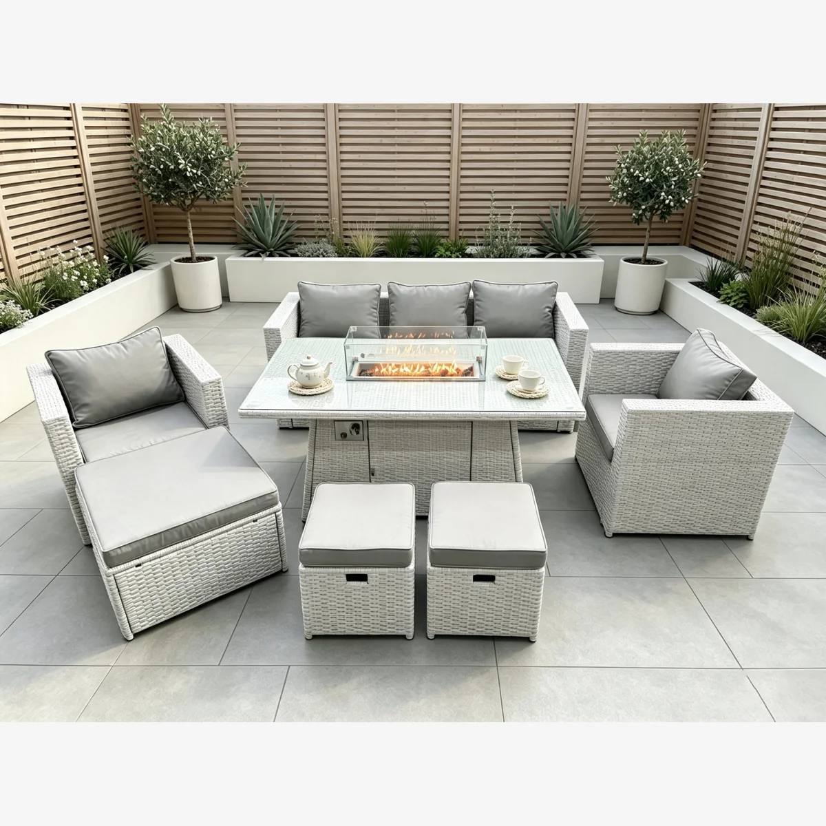 Rattan Fire Pit Garden Furniture Set Gas Heater Burner Chairs - Light Grey Mixed