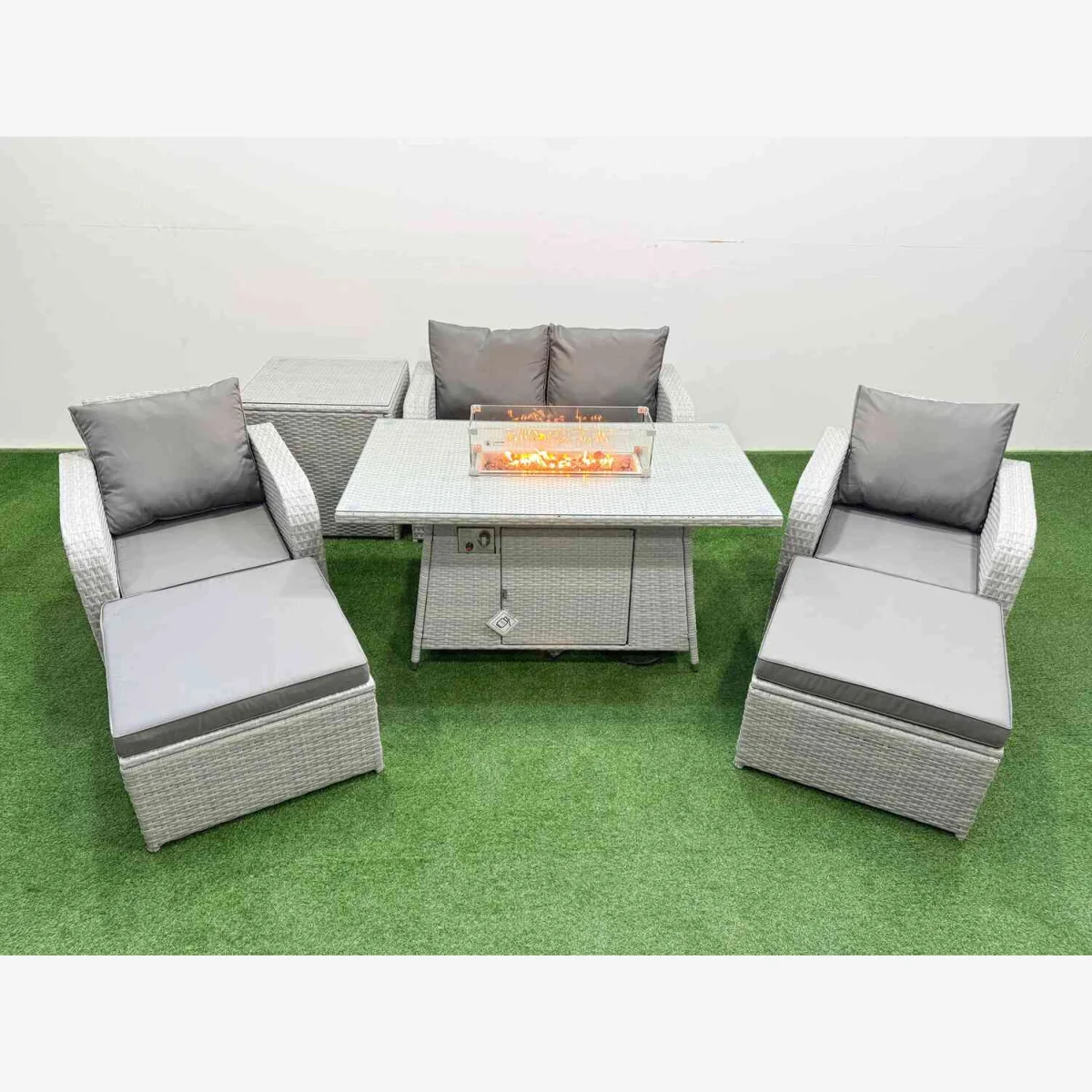 Fimous 6-Seater Light Grey PE Rattan Garden Furniture Set with Firepit Dining Table - Light grey rattan with dark grey fabric – image 1