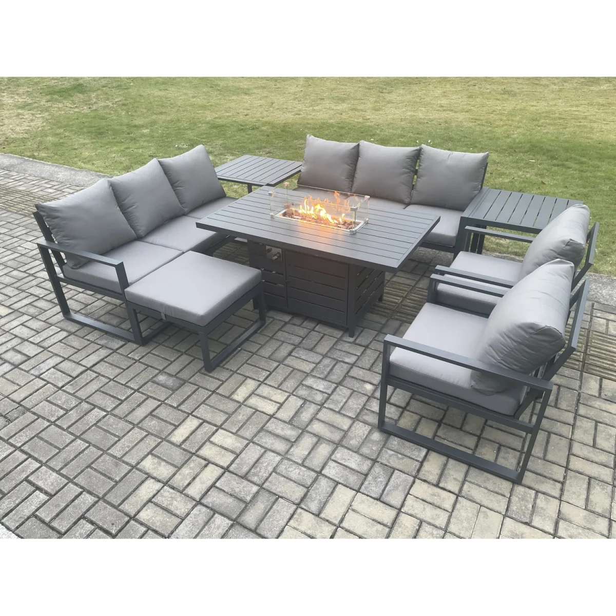 Fimous Aluminium 9-Seater Patio Lounge Set with Gas Fire Pit Dark Grey - Dark Grey – image 5