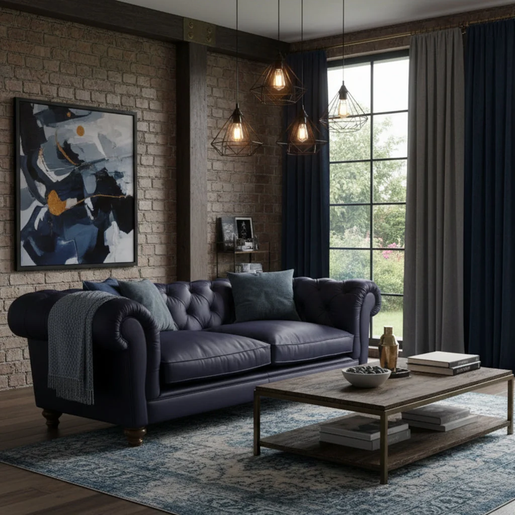 Britannia Leather Sofa, 4 Seater / Dark Blue – image 1