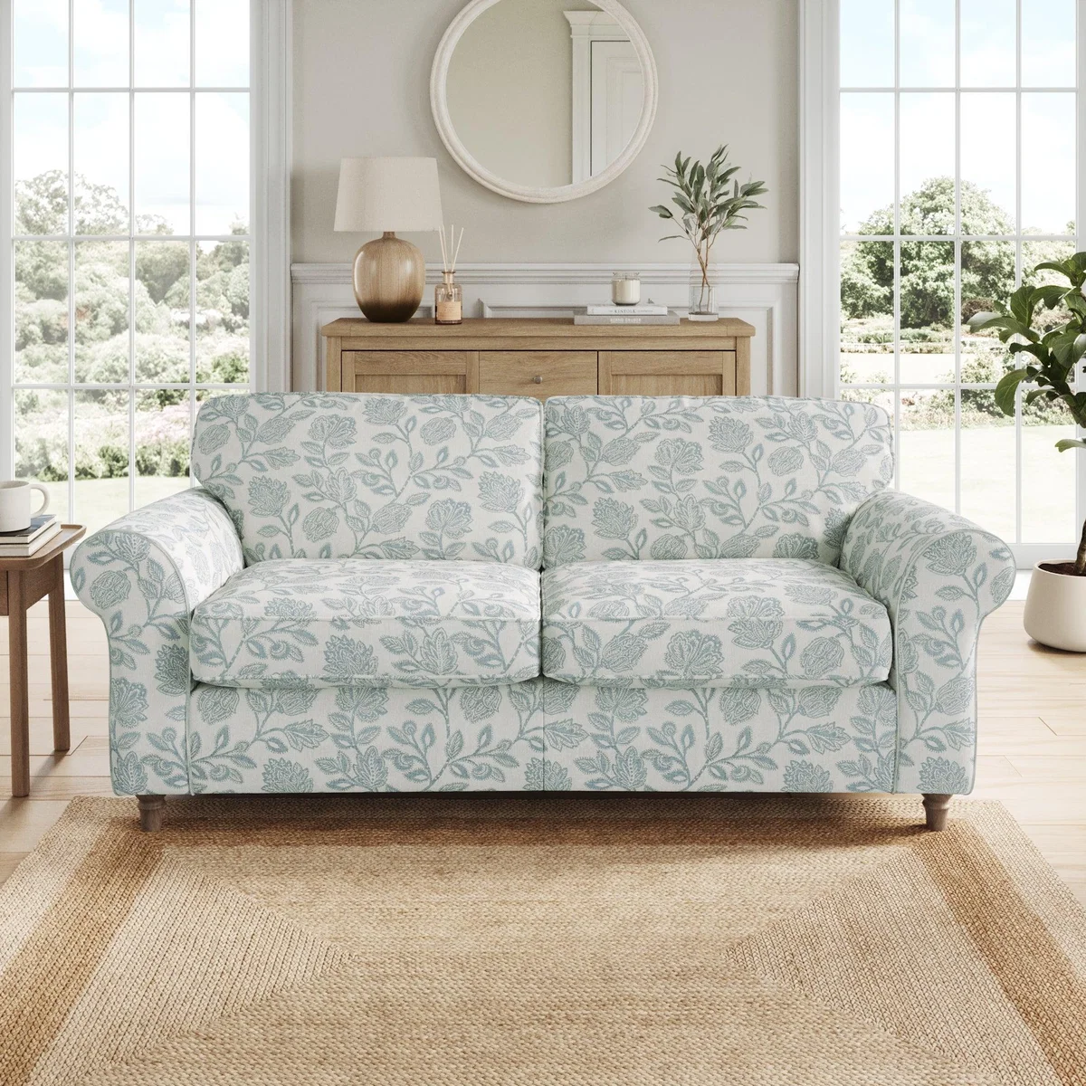 Flori 3 Seater Sofa, Floral Print Fabric Floral Ashley Blue – image 1