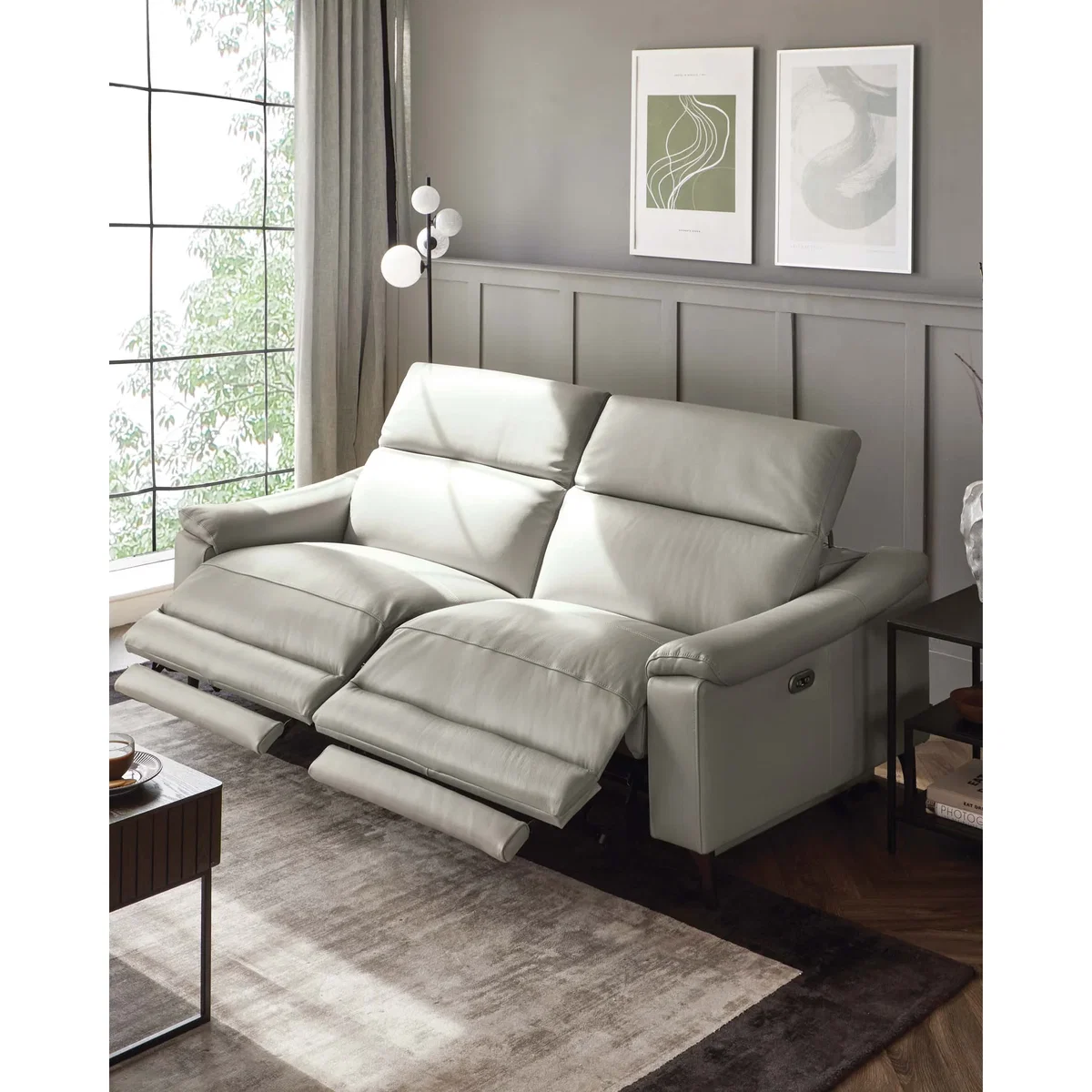 Serene Light Grey Leather 2 Seater Recliner Sofa – image 2