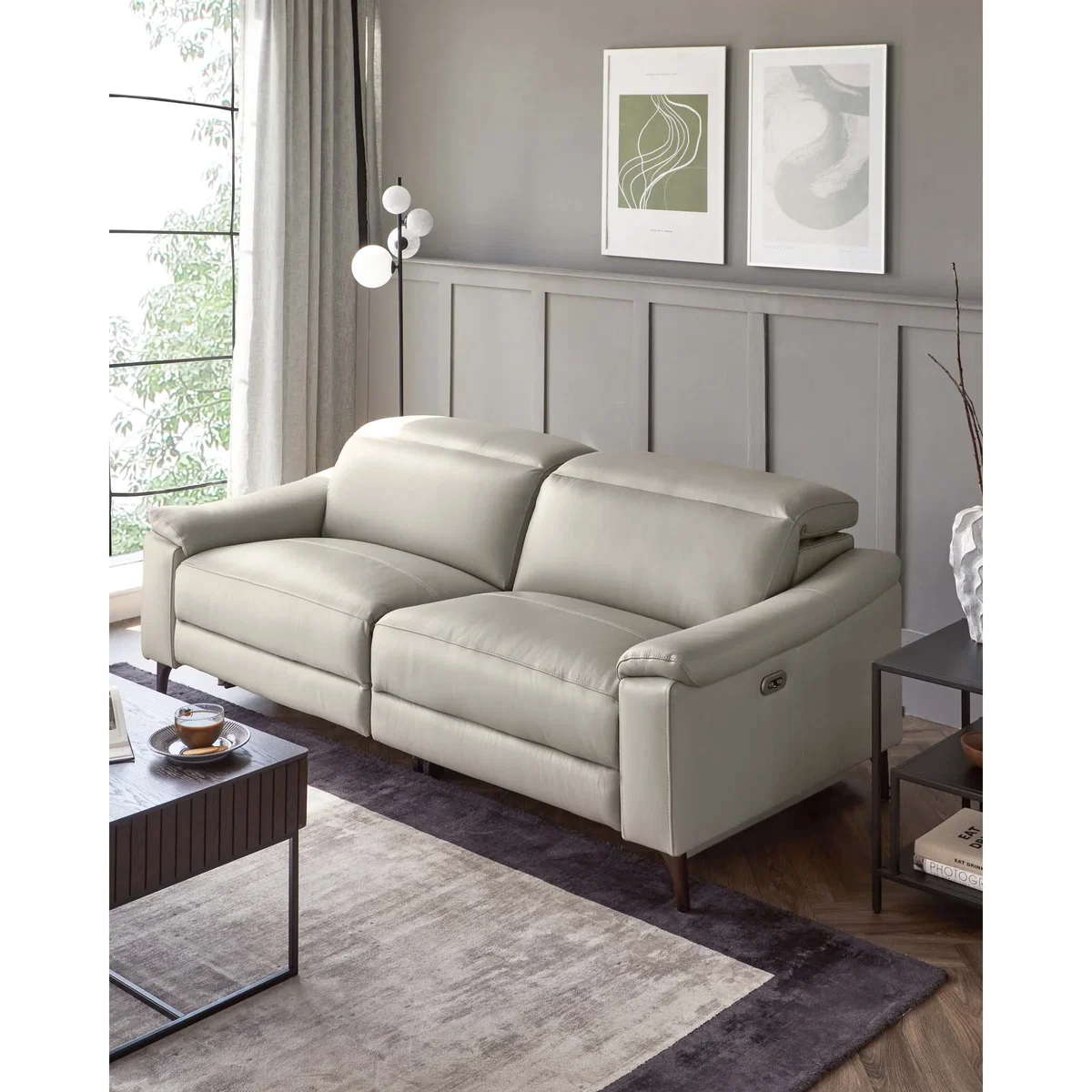 Serene Light Grey Leather 2 Seater Recliner Sofa – image 10