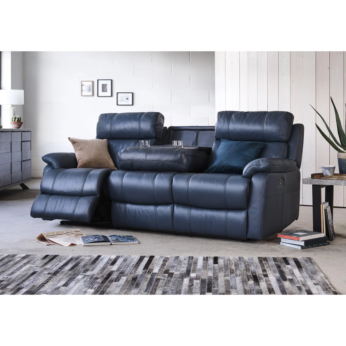 World of Leather - Relax Station Komodo 3 Seater BV Leather Sofa with Power Headrests and Cup Holders - BV Ocean Blue – image 2