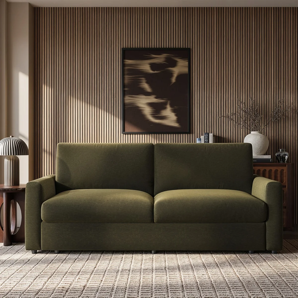 4 Seater King Size Pull-Out Sofa Bed with Storage in Khaki Green Chenille - Grayson – image 2