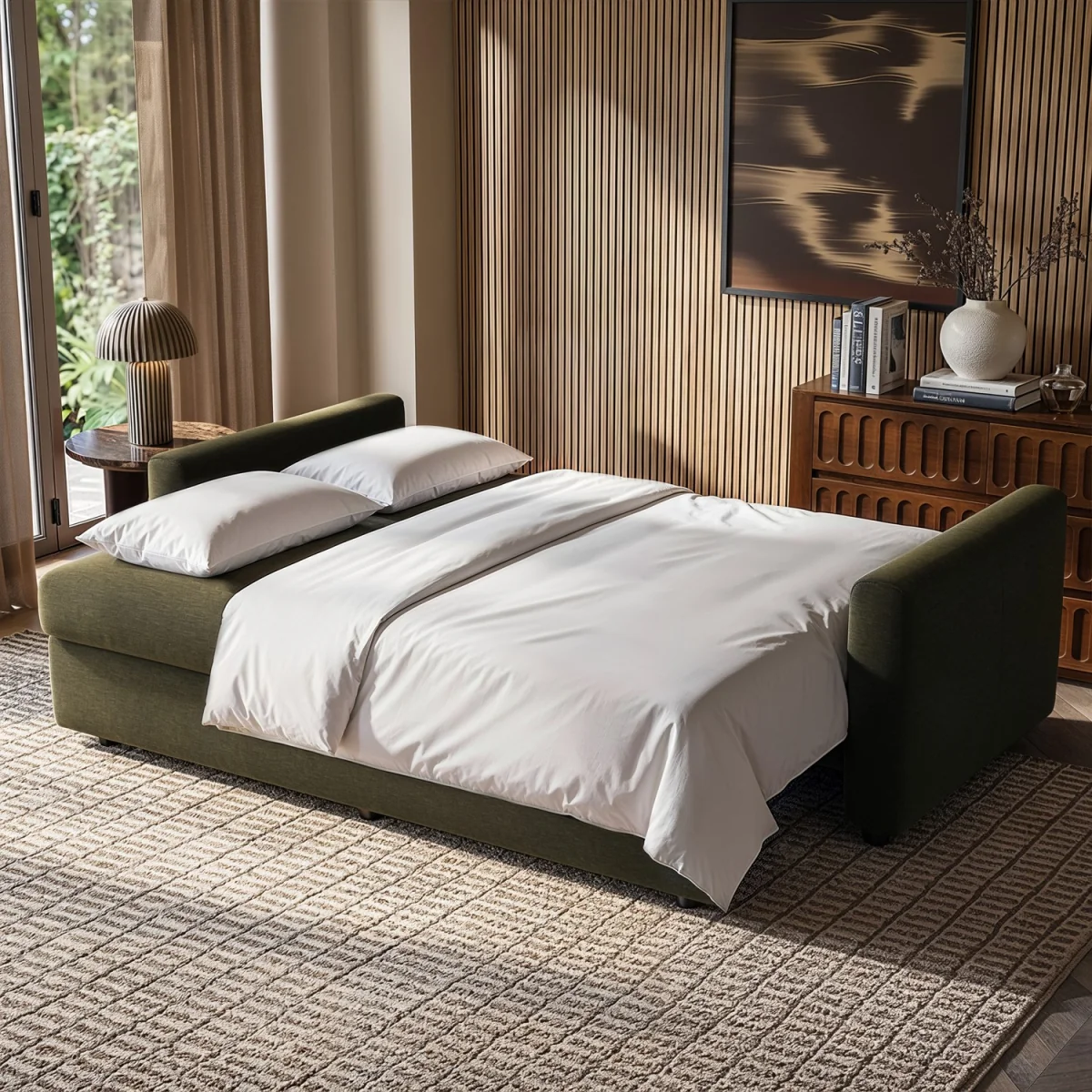 4 Seater King Size Pull-Out Sofa Bed with Storage in Khaki Green Chenille - Grayson – image 3