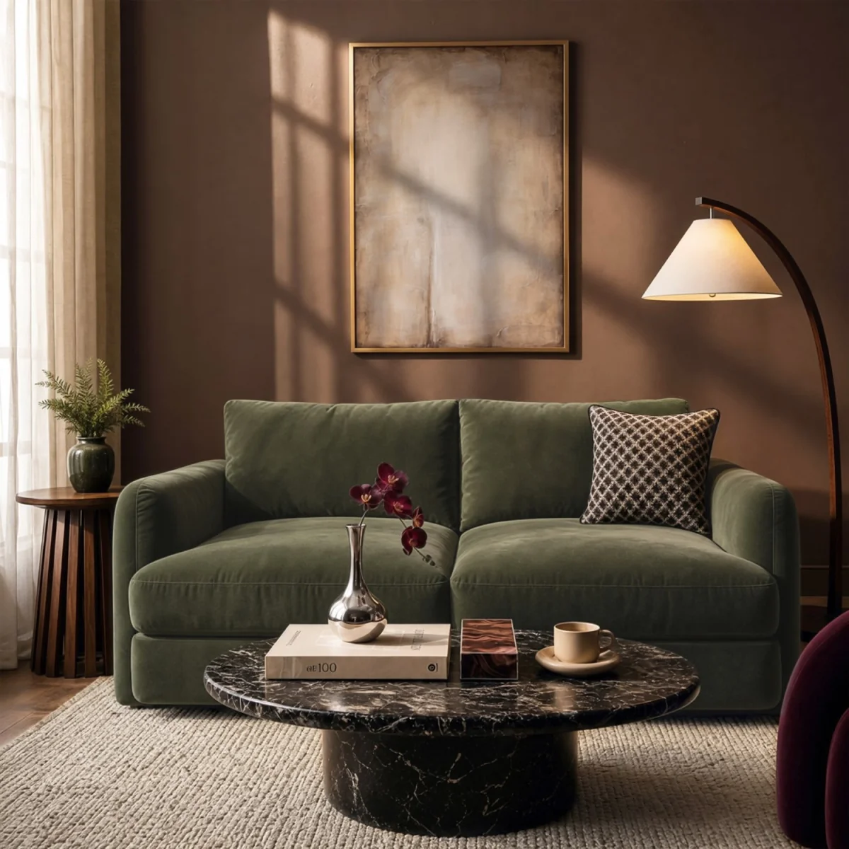 Khaki Green Velvet 3 Seater Sofa - Sade – image 1