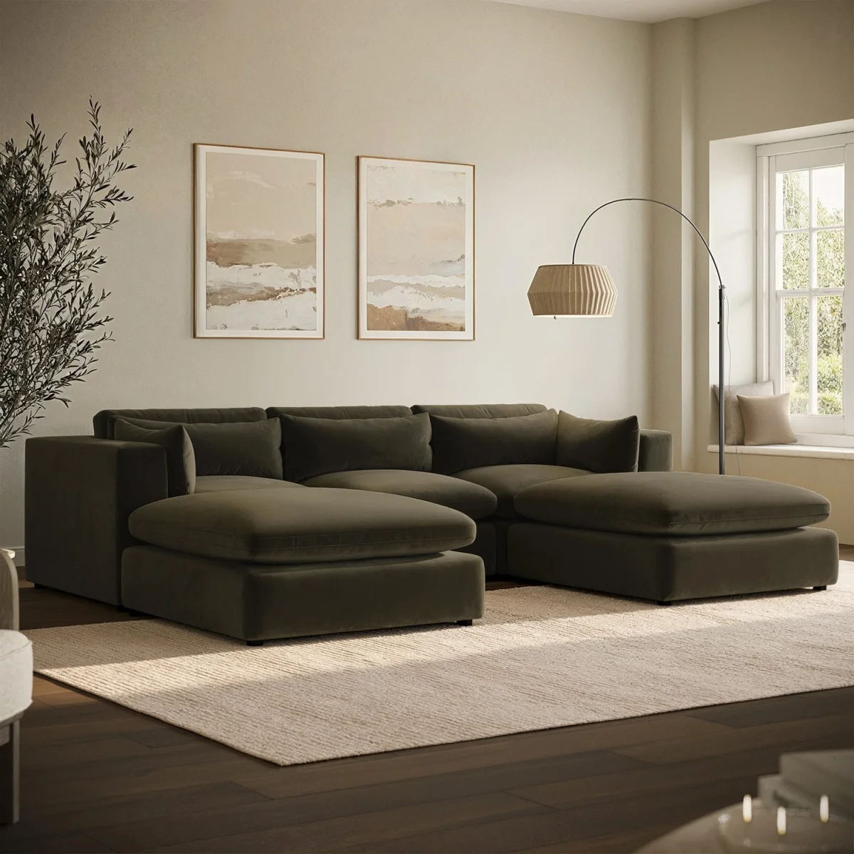 Khaki Green Velvet U-Shaped Sofa - Hudson – image 2
