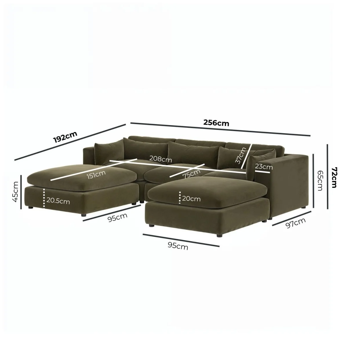 Khaki Green Velvet U-Shaped Sofa - Hudson – image 3