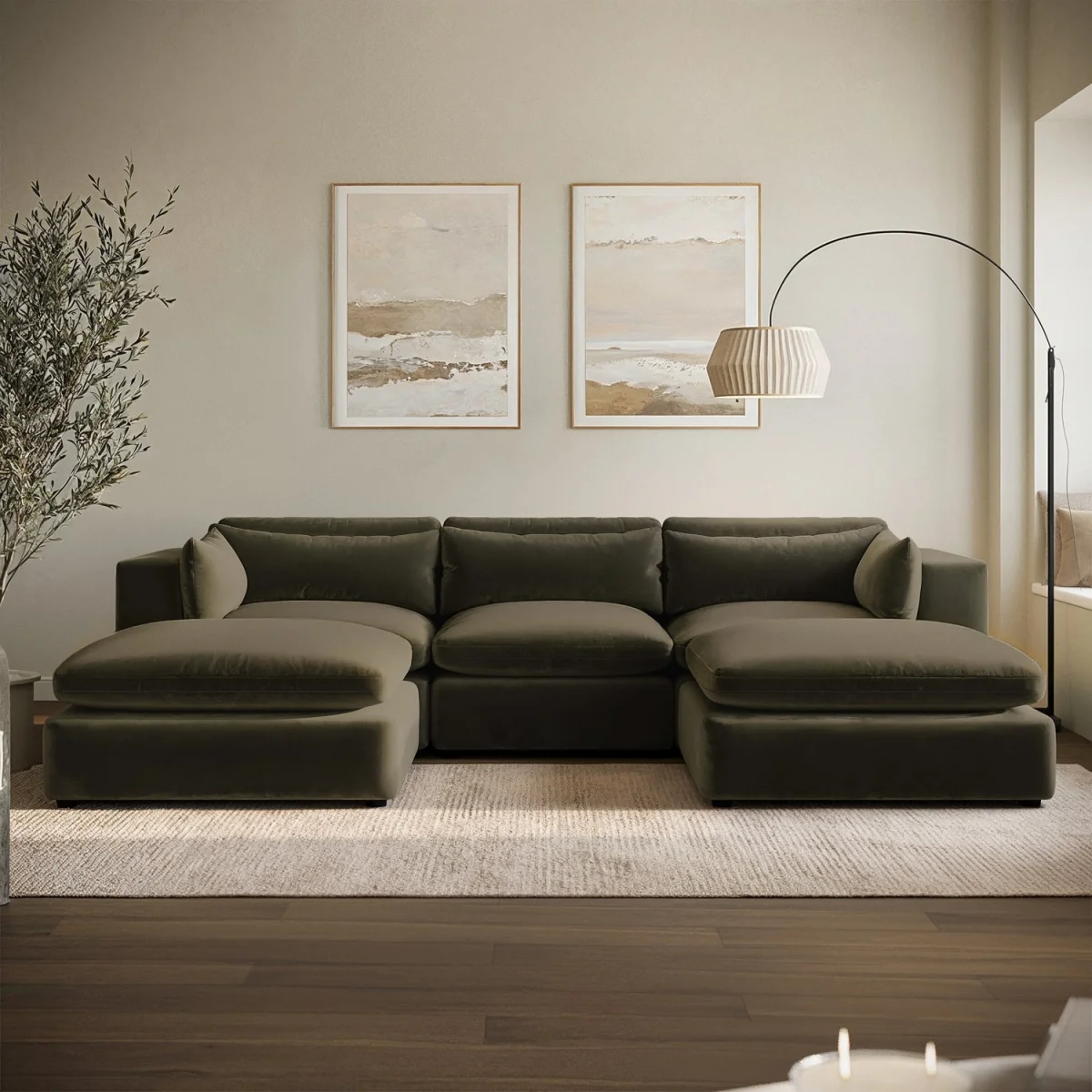 Khaki Green Velvet U-Shaped Sofa - Hudson – image 1
