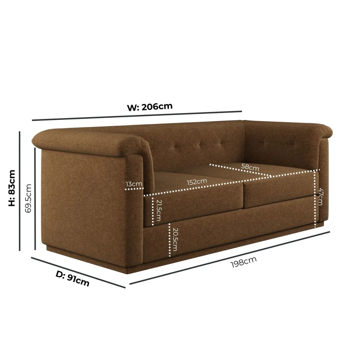 Brown Chenille 3 Seater Sofa - Caleb – image 4