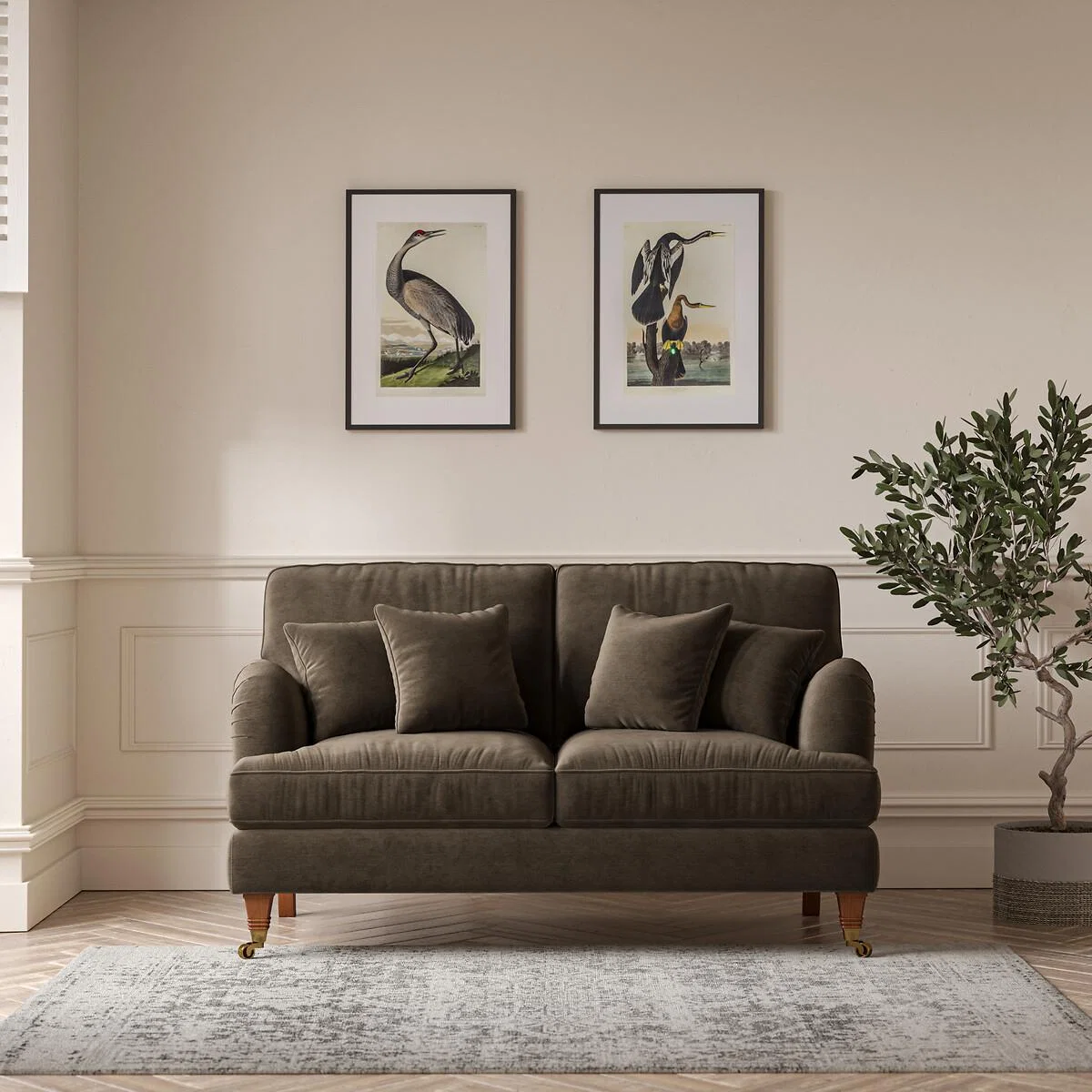 Emeline Textured Velvet 2 Seater Sofa with Antique Castor Legs – image 1