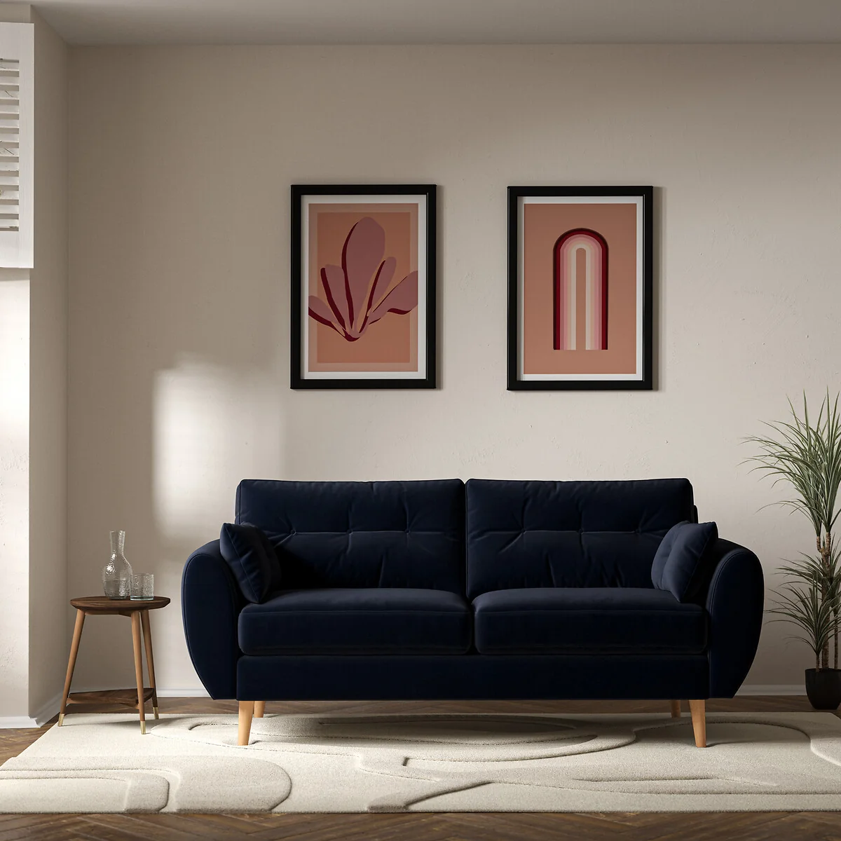 Ada Scandi Buttoned Velvet 3 Seater Sofa with Light Wood Legs – image 1