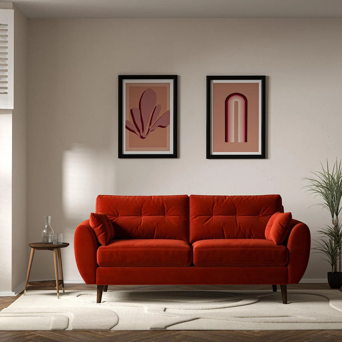 Ada Scandi Buttoned Velvet 3 Seater Sofa with Dark Wood Legs – image 1