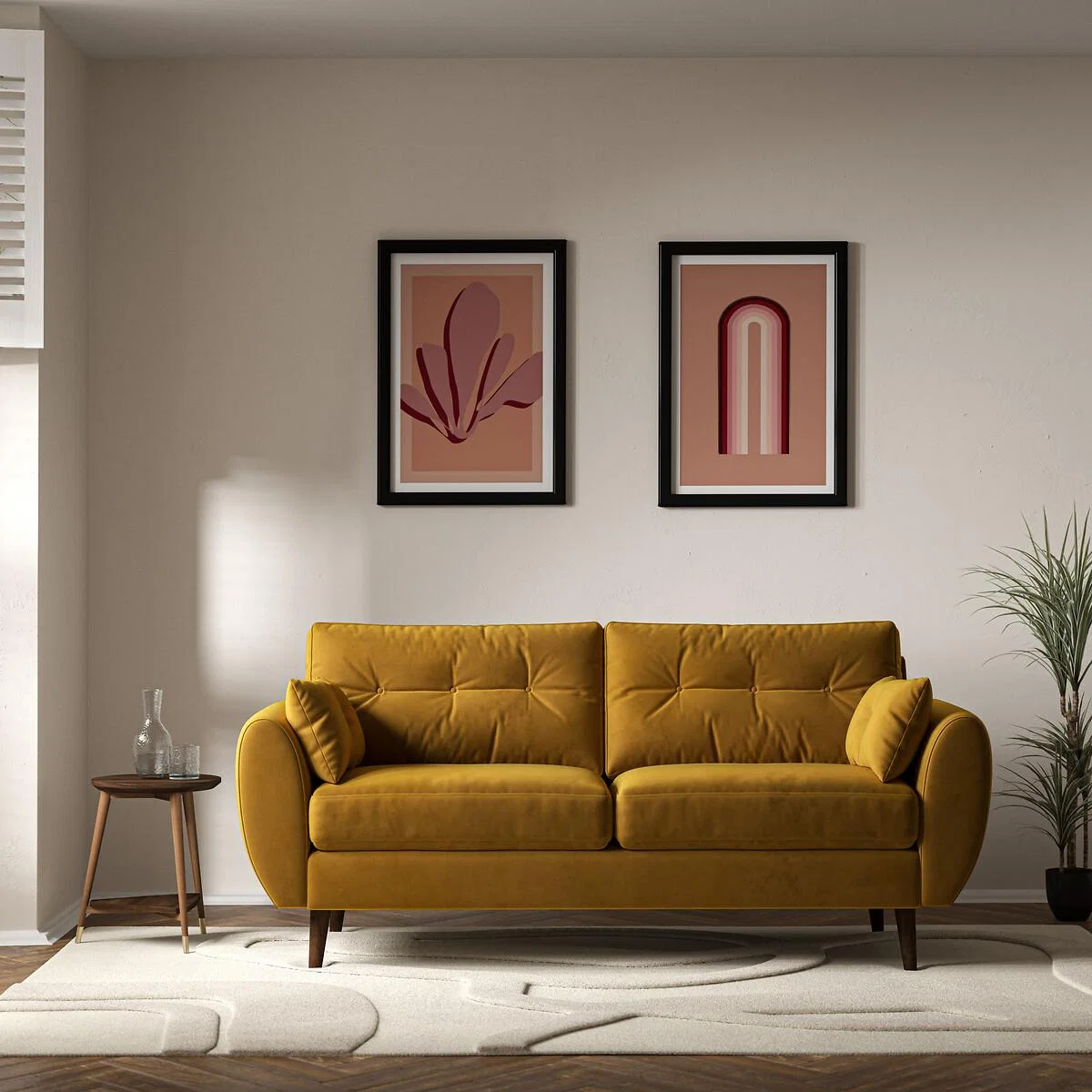 Ada Scandi Buttoned Velvet 3 Seater Sofa with Dark Wood Legs – image 1