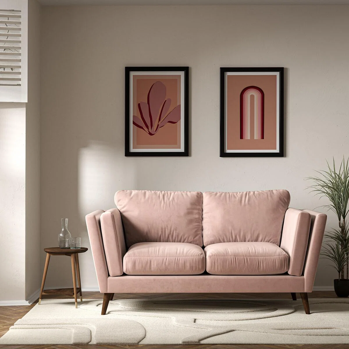 Frida Contemporary Velvet 2 Seater Feather Sofa with Dark Wood Legs – image 1