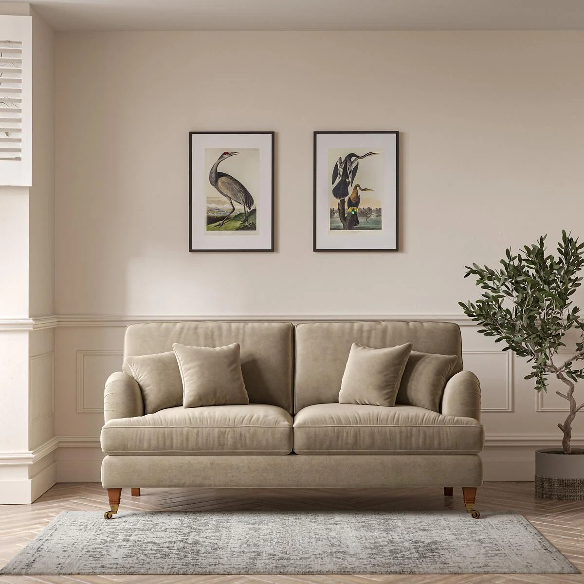 Emeline Textured Velvet 3 Seater Sofa with Antique Castor Legs – image 1