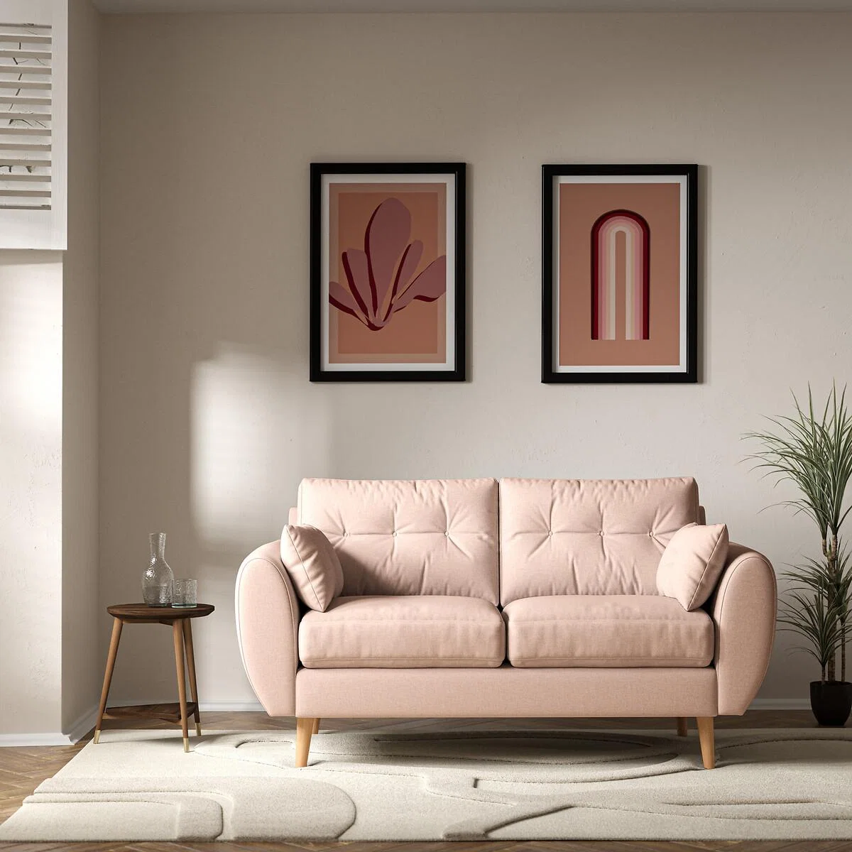 Ada Scandi Buttoned Soft Brushed 2 Seater Sofa with Light Wood Legs – image 1