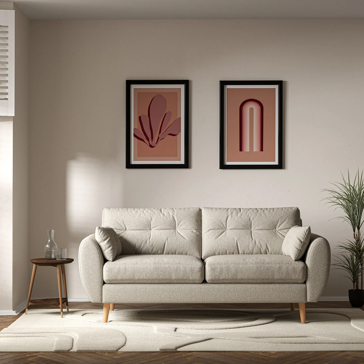 Ada Scandi Buttoned Soft Woven 3 Seater Sofa with Light Wood Legs – image 1