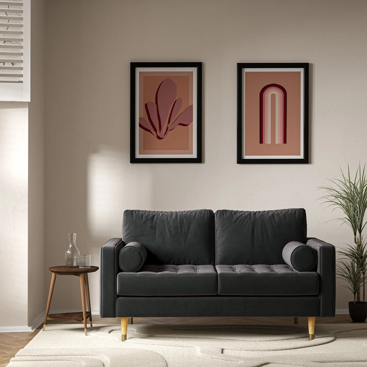 Coco Mid-Century Velvet 2 Seater Sofa with Light Wood Legs – image 1