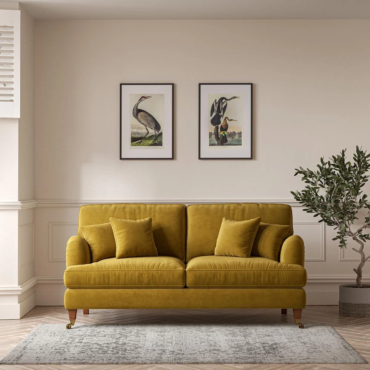 Emeline Velvet 3 Seater Sofa with Antique Castor Legs – image 1