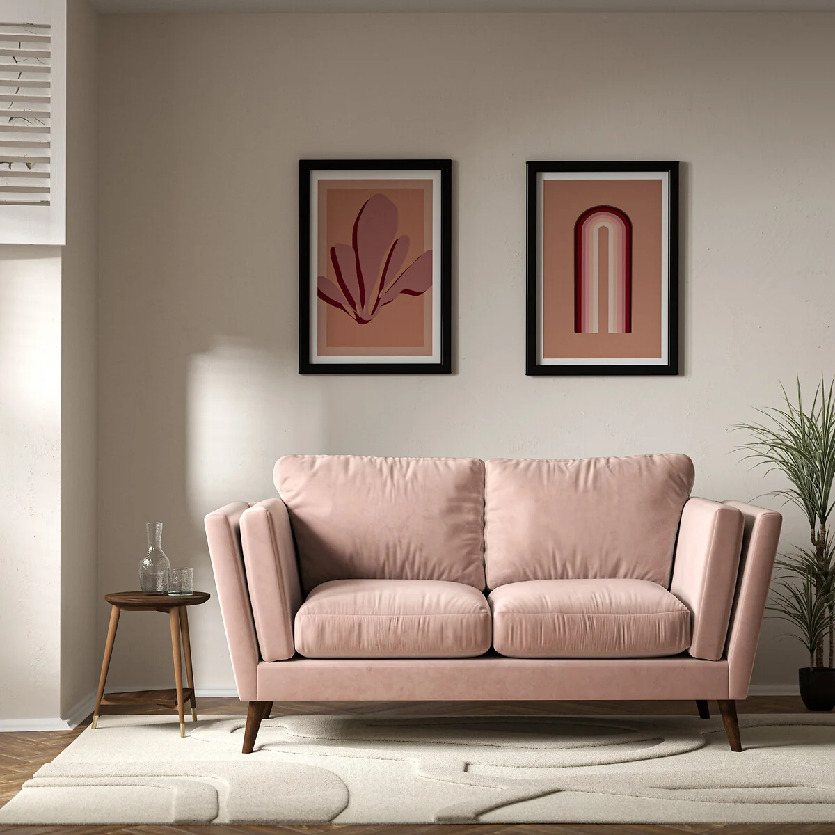 Frida Contemporary Velvet 2 Seater Feather Sofa with Dark Wood Legs – image 1