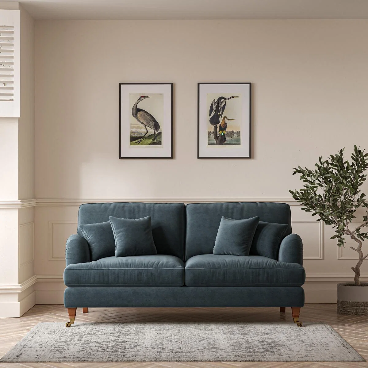 Emeline Textured Velvet 3 Seater Sofa with Antique Castor Legs – image 1