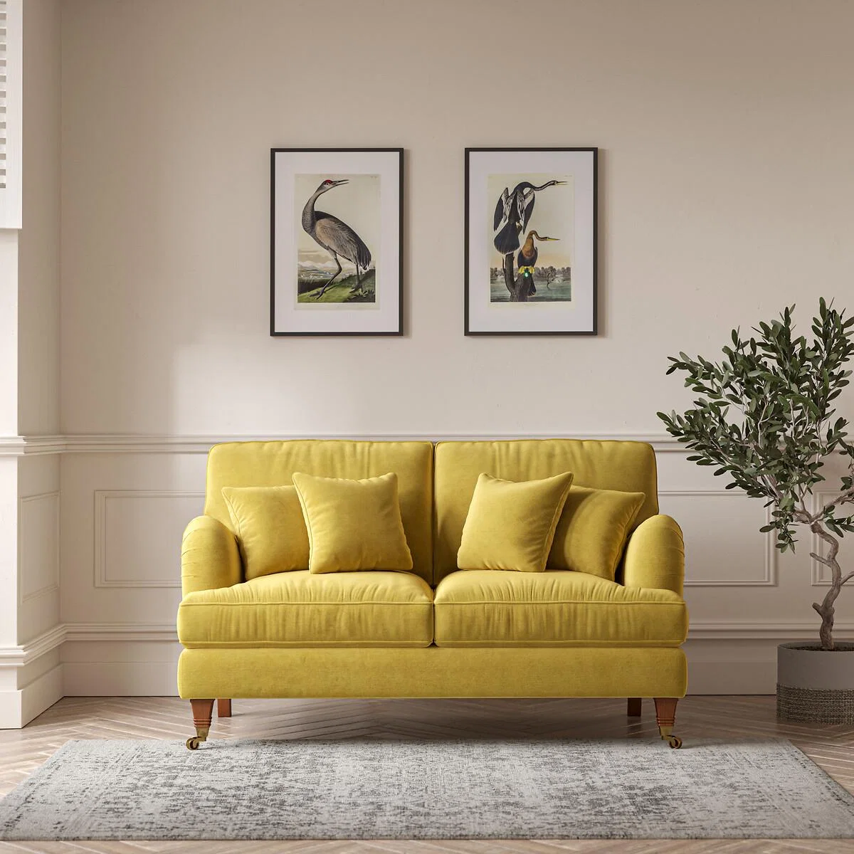 Emeline Textured Velvet 2 Seater Sofa with Antique Castor Legs – image 1