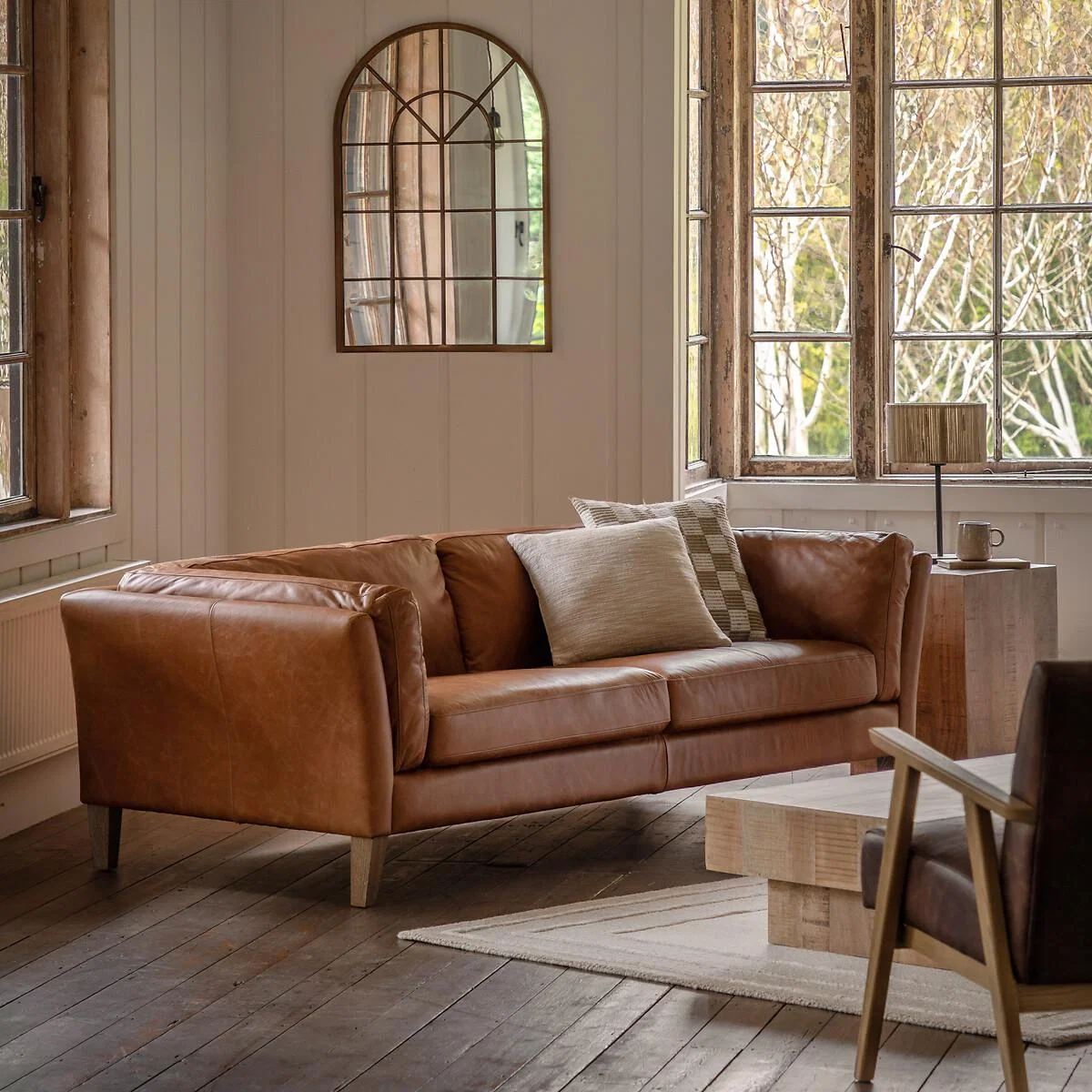Nadiad Vintage Leather 3 Seater Sofa with Solid Wood Legs – image 1