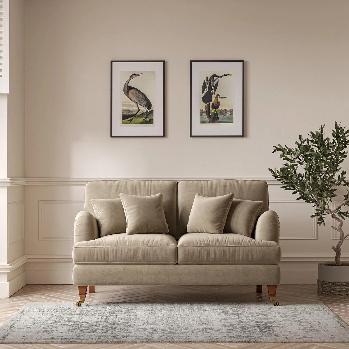 Emeline Textured Velvet 2 Seater Sofa with Antique Castor Legs – image 1