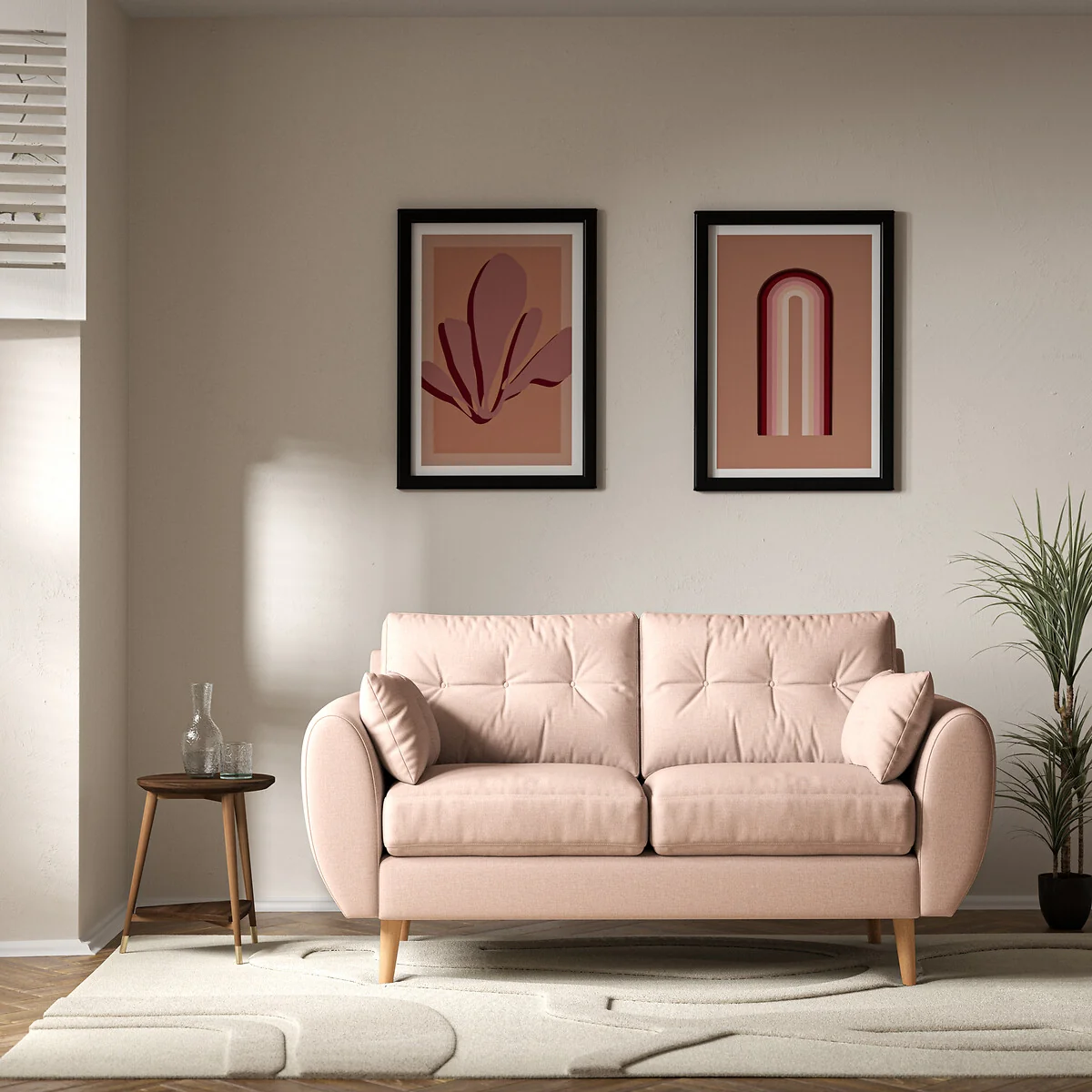 Ada Scandi Buttoned Soft Brushed 2 Seater Sofa with Light Wood Legs – image 1