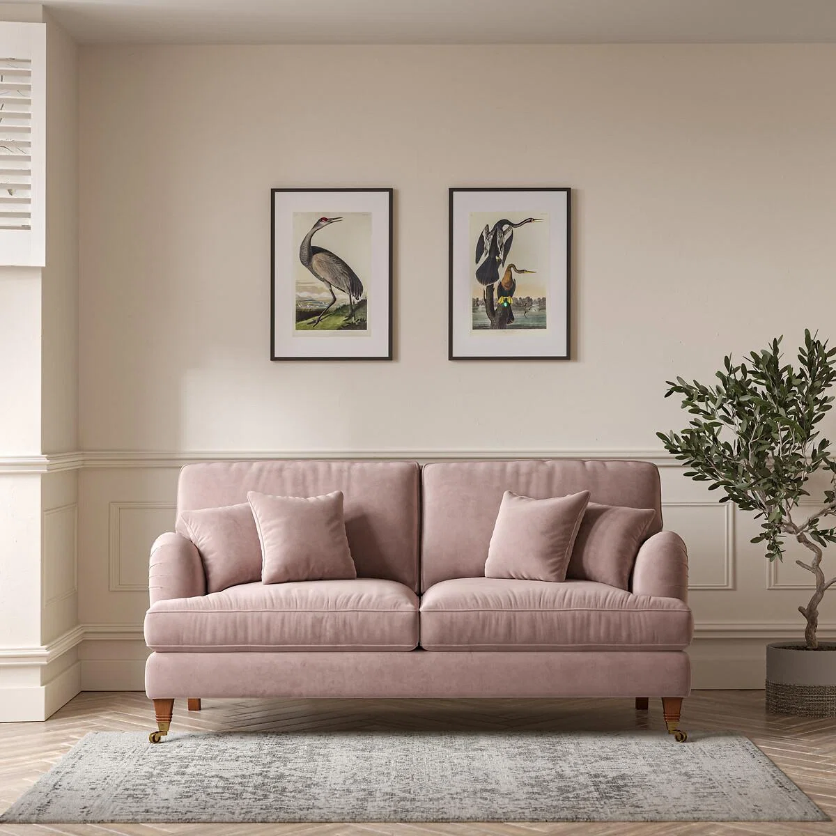 Emeline Velvet 3 Seater Sofa with Antique Castor Legs – image 1