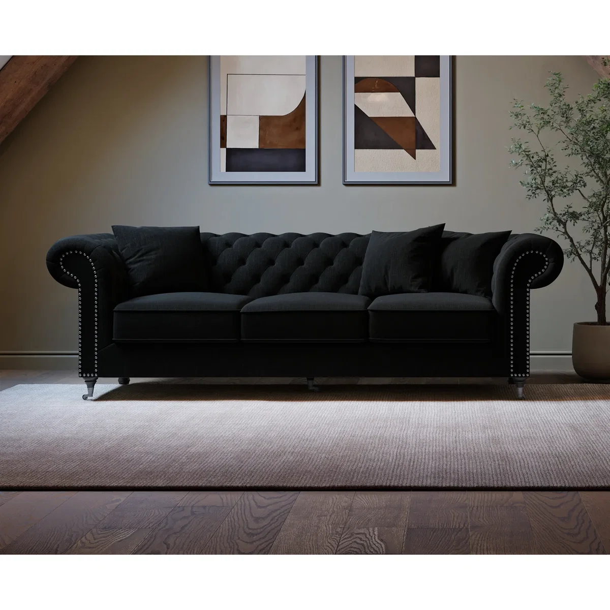 Kensington Chesterfield Black Linen 3 Seater Sofa – image 2