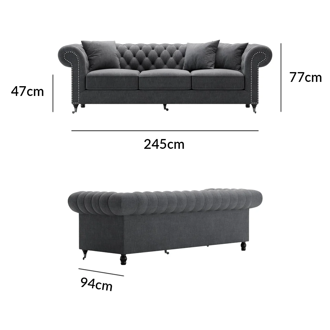 Kensington Chesterfield Black Linen 3 Seater Sofa – image 10