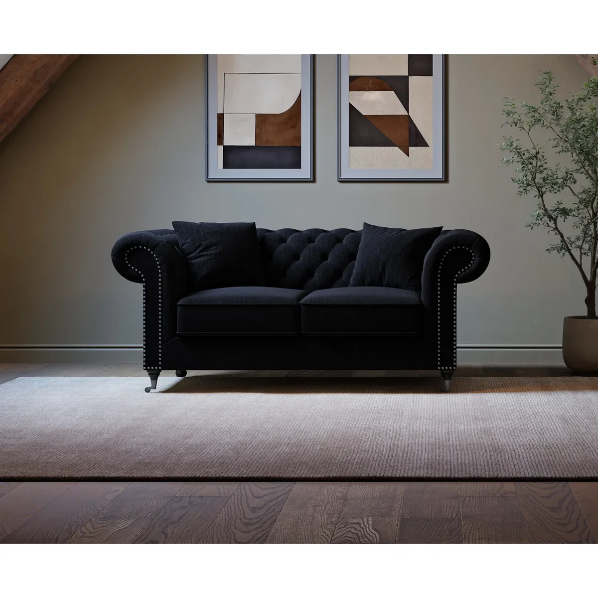 Kensington Chesterfield Black Linen 2 Seater Sofa – image 2