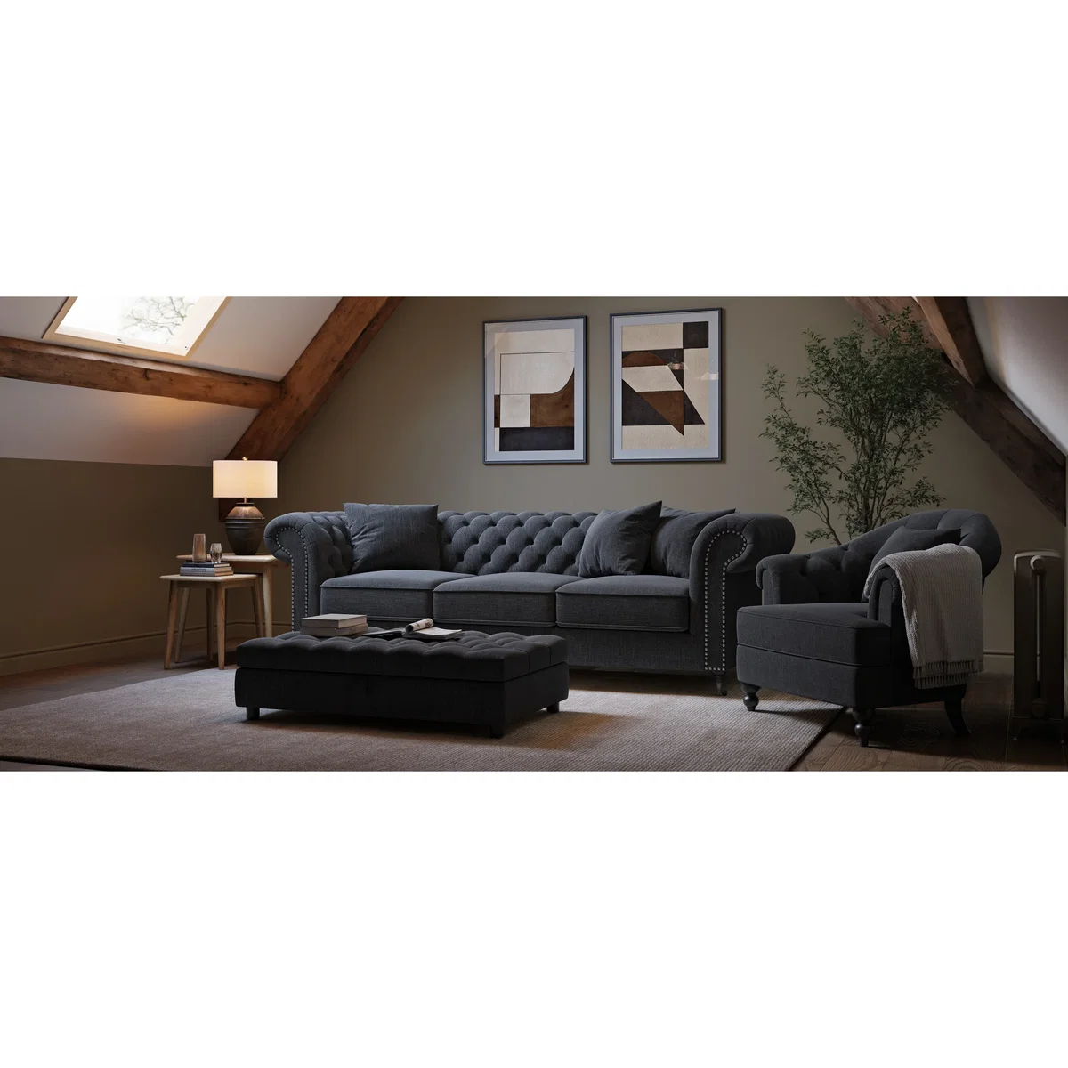 Kensington Chesterfield Black Linen 2 Seater Sofa – image 7