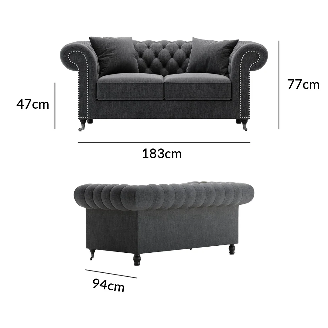 Kensington Chesterfield Black Linen 2 Seater Sofa – image 10